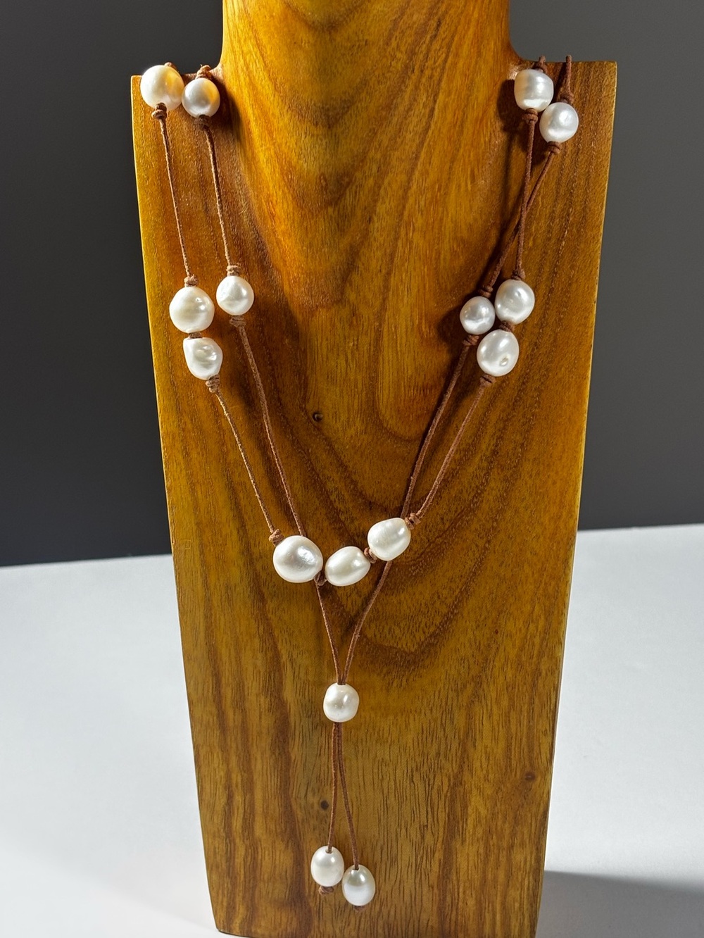 Freshwater Pearl Lariat Necklace - Brown Cord, White‎ Pearls NWOT